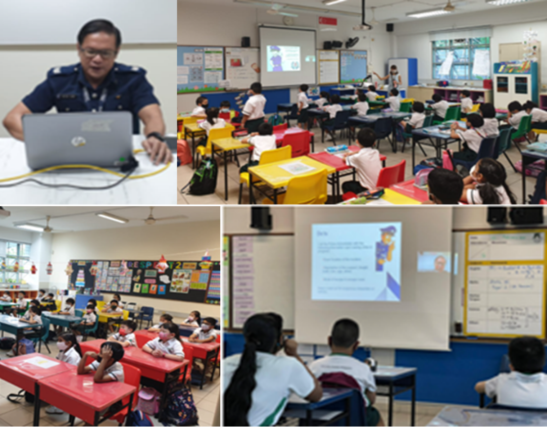 A uniformed officer on a laptop presents virtually to students in classrooms watching projected slides.